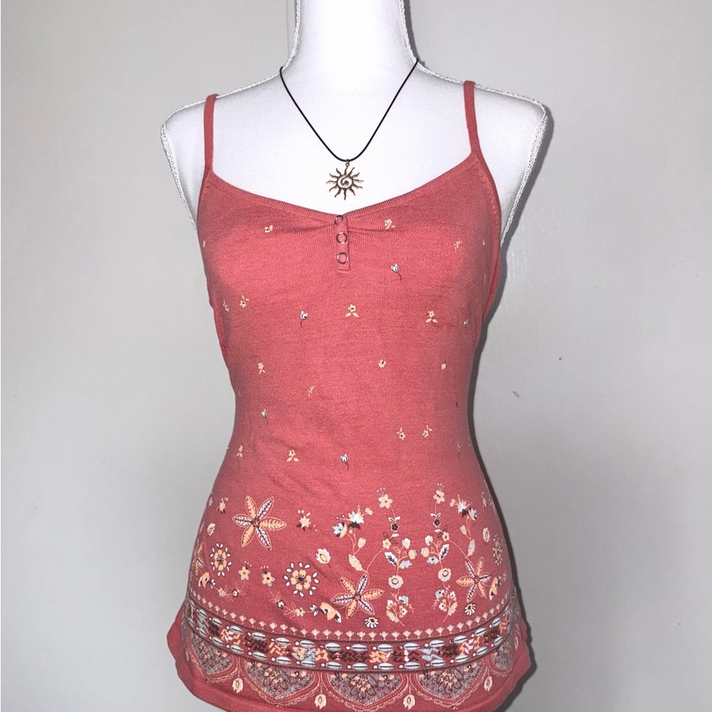Floral Embroidered Coral Tank Top with Spaghetti Straps
